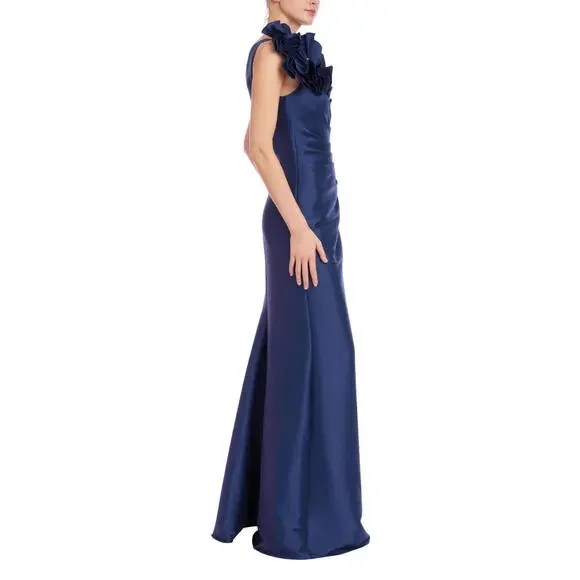 Badgley Mischka Navy One-Shoulder Draped Bodice Trumpet Gown $880 Mikado sz 4